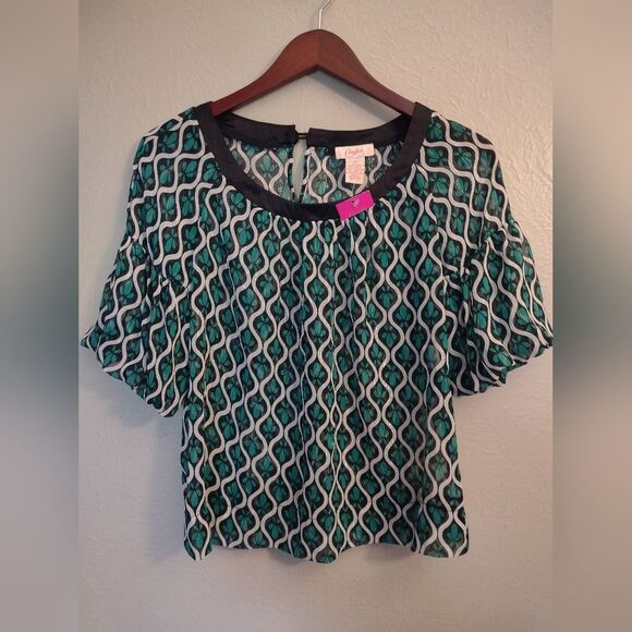 Candies Geometric Pattern Green Black White Short Sleeve Blouse. Size Medium - Picture 1 of 16